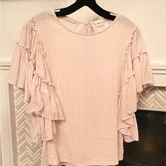 Chelsea & Theodore Tops - ❗️nwot❗️CHELSEA & THEODORE • Striped Ruffle Flutter Sleeve Seersucker Blouse • M